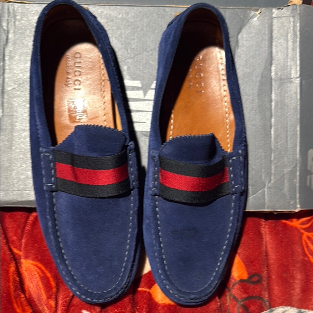 Gucci Blue and Red Slip-On Loafers with Striped Band